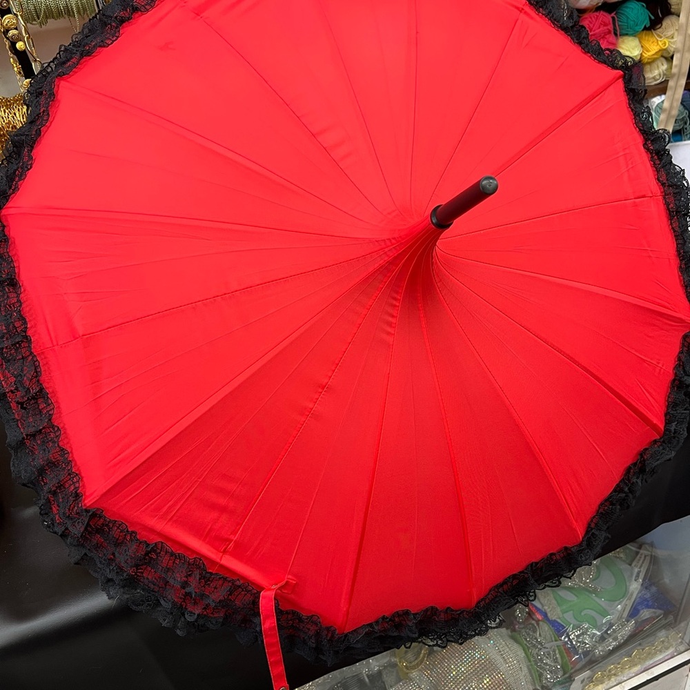 Red Umbrella with Black Lace Trim